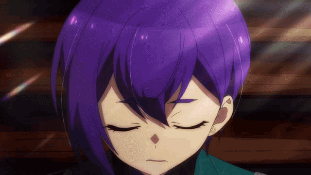a close up of a person with purple hair and their eyes closed