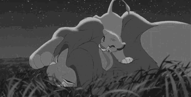 a black and white drawing of a lion and cub