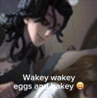 a picture of a person with the words wakey wakey eggs and bakey written on it .