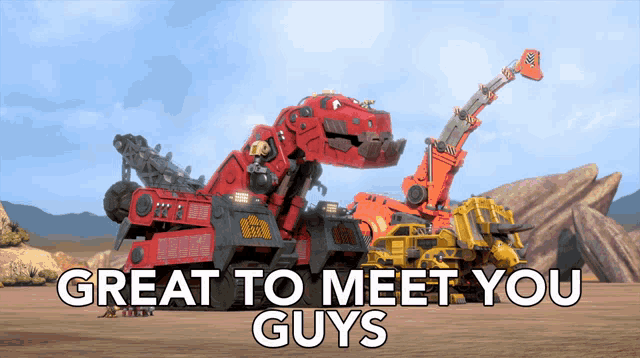a poster that says great to meet you guys with a picture of a dinosaur