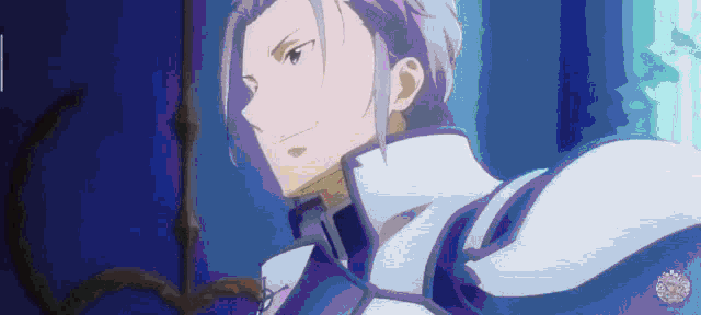 a man with blue hair and a white jacket is standing in a room .