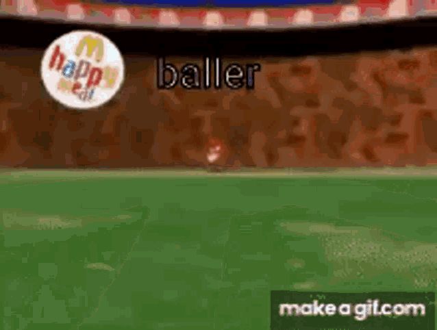 a cartoon of a soccer field with a mcdonald 's logo on the wall .