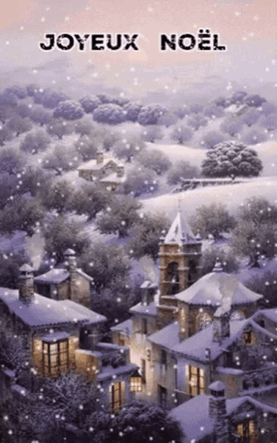 a snowy scene with the words joyeux noel on the bottom
