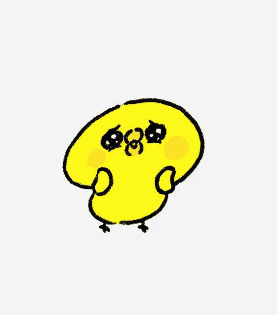 a cartoon drawing of a yellow chicken with a sad face
