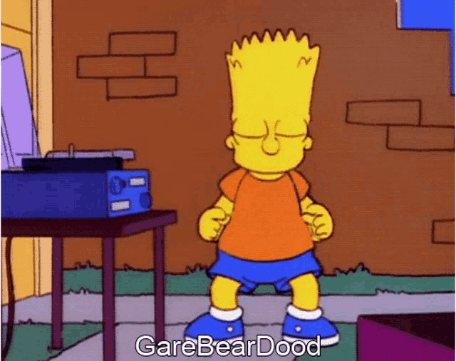 bart simpson from the simpsons is dancing in front of a brick wall with the words garebear dood below him