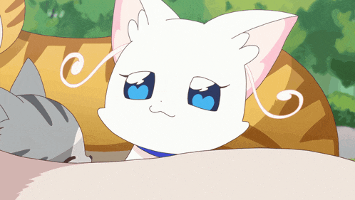 a cartoon drawing of a white cat with blue eyes and a pink ear