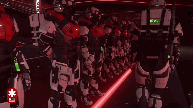 a group of robotic soldiers are standing in a row with a sign that says med warrior