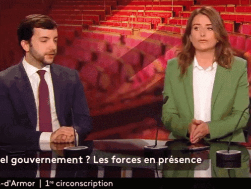 a man and a woman are sitting at a table with microphones and the words el gouvernement les forces en presence in the corner
