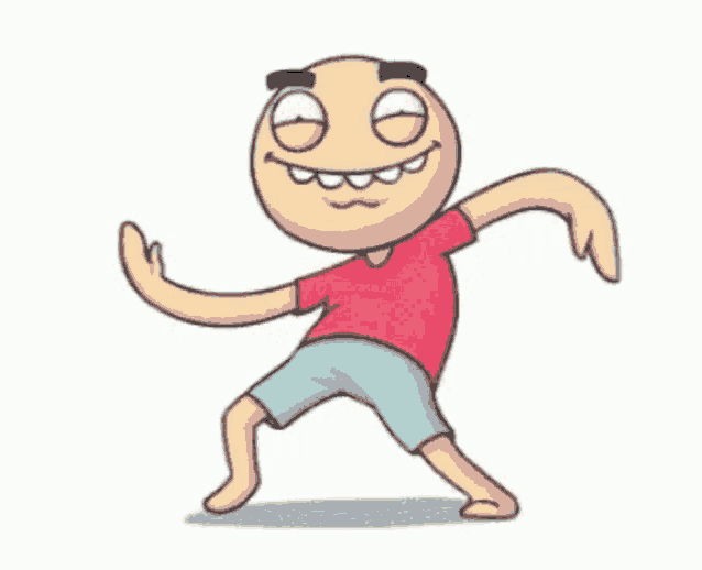 a cartoon man in a red shirt and blue shorts is dancing and smiling .