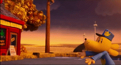 a cartoon character is sitting in front of a building that says lucky lucky