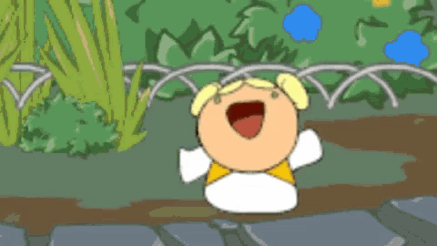 a cartoon drawing of a girl with her mouth open in a garden