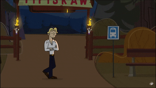a cartoon of a man standing in front of a sign that says ' it 's raw '