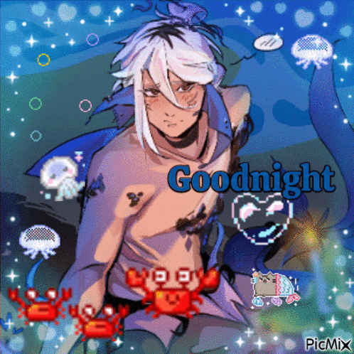 a drawing of a man with crabs and jellyfish and the word goodnight