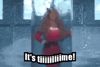 a woman in a red dress is standing in a glass container with the words it 's time written on it