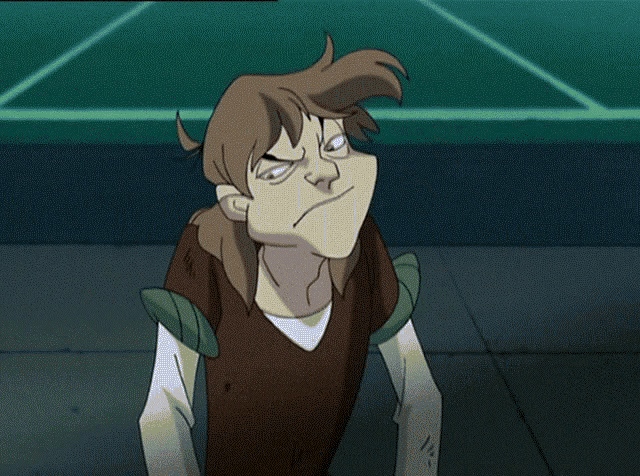a cartoon character with brown hair and green sleeves is looking at the camera