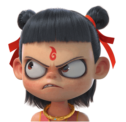a cartoon character with a red flame on his forehead looks angry