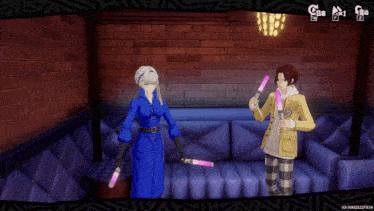 a screenshot of a video game shows a man and a woman holding pink lights