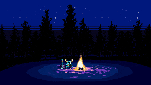 a pixel art drawing of a campfire with a castle in the background