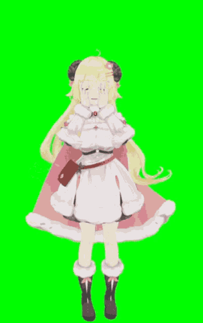 a 3d anime girl in a white dress is dancing on a green screen .