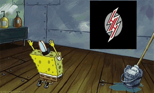 a cartoon of spongebob cleaning a room with a mop and a sign that says slash
