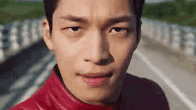 a young man wearing a red leather jacket is looking at the camera .