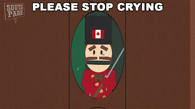 a cartoon of a man with a canadian flag on his hat and the words please stop crying
