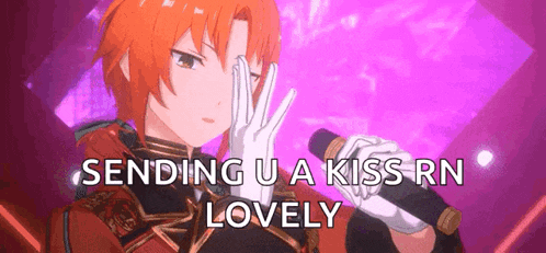 an anime character is holding a microphone and sending a kiss rn lovely