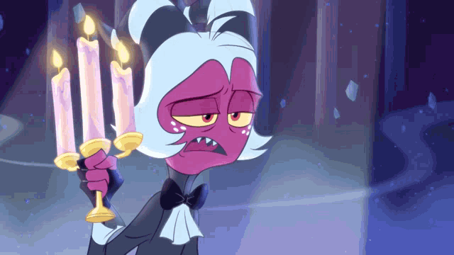 a cartoon character in a tuxedo is holding three candles in a candle holder .