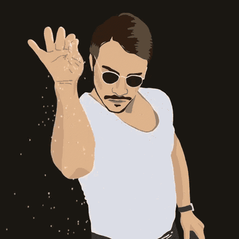 a man with a mustache wearing sunglasses and a white shirt is waving his hand