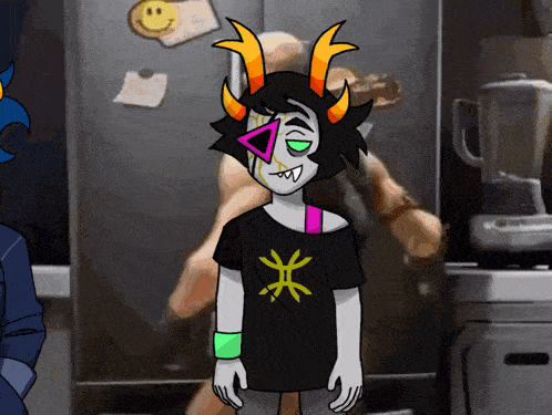 a cartoon character with horns is standing in front of a refrigerator with a smiley face on the door