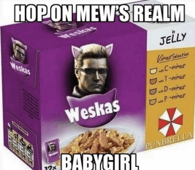 a box of weskas jelly with a picture of a man in a cat costume .