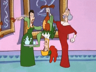 a group of cartoon characters are standing next to each other in a room . one of the characters is holding a sausage .