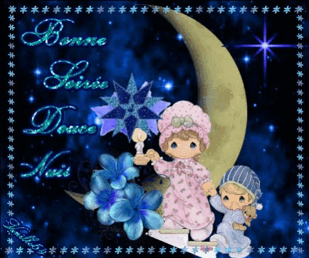 a picture of two precious moments children on a crescent moon