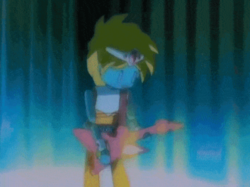 a cartoon character is playing a guitar in a blue background