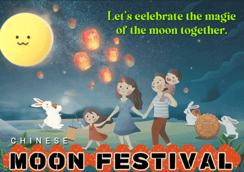 a poster for the chinese moon festival shows a family holding hands