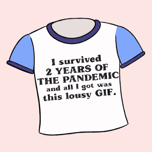 a cartoon t-shirt that says i survived 2 years of the pandemic and all i got was this lousy gif