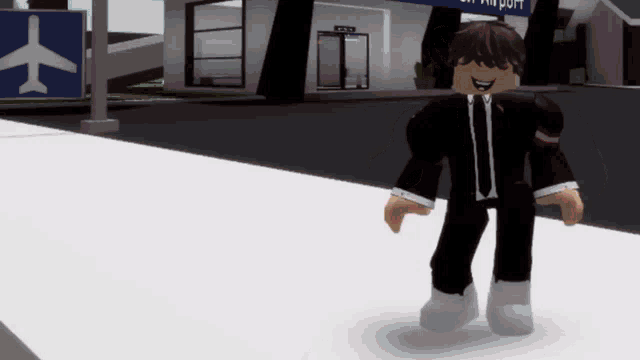 a roblox character standing in front of an airport sign