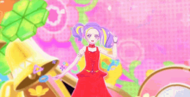 a cartoon girl in a red dress is standing in front of a bell .