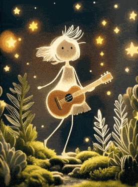 a drawing of a girl holding a guitar in a field