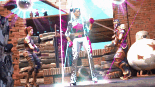a woman in a pink and white outfit stands in front of a disco ball