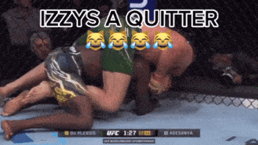 a boxing match is being shown with the words izzys a quitter on the bottom