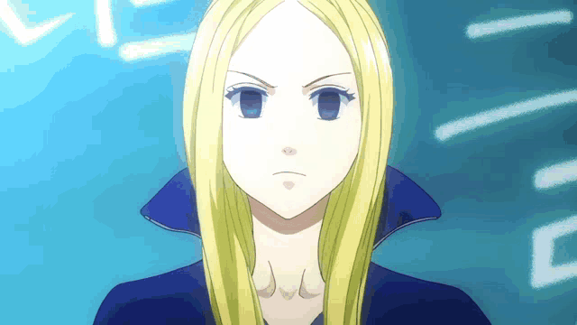 a blonde anime character with blue eyes and a blue jacket