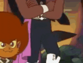 a cartoon character with his arms crossed standing next to another character .