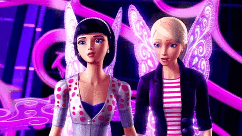 two barbie dolls are standing next to each other in a cartoon .