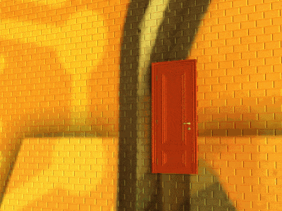 a brick wall with a red door in it