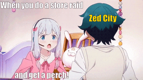 a cartoon of a girl talking to a boy with zed city written on the top