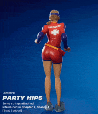 the back of a lifeguard in a video game with the text party hips