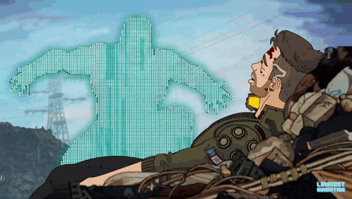 a cartoon of a man laying down with a ghost behind him and the letters l and c on the bottom right