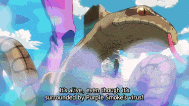 a snake is surrounded by purple smoke 's virus in a cartoon