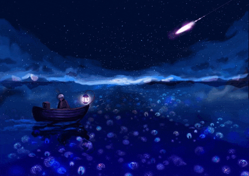 a painting of a person in a boat with a lantern surrounded by jellyfish